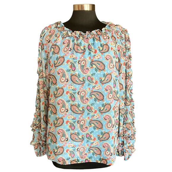 Boden Blue Multicolor Paisley Blouse Ruffle Trimmed Long Sleeve Popover Size 10 - Picture 2 of 11